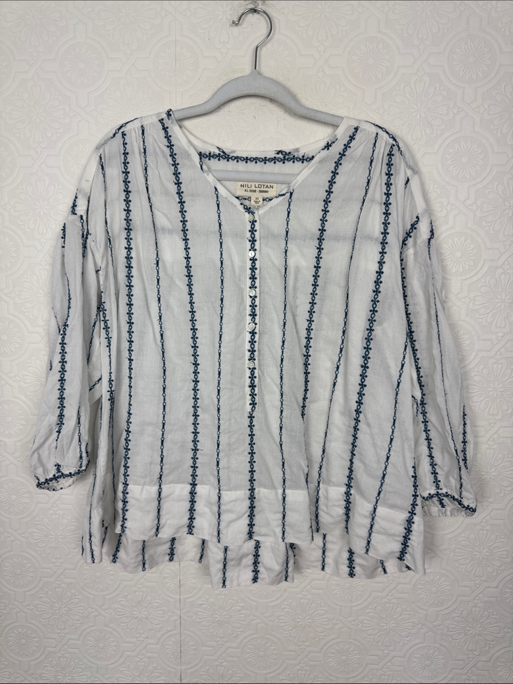 Nili Lotan Embroidered Peasant Top Blouse Cotton White Blue Xs Button Up